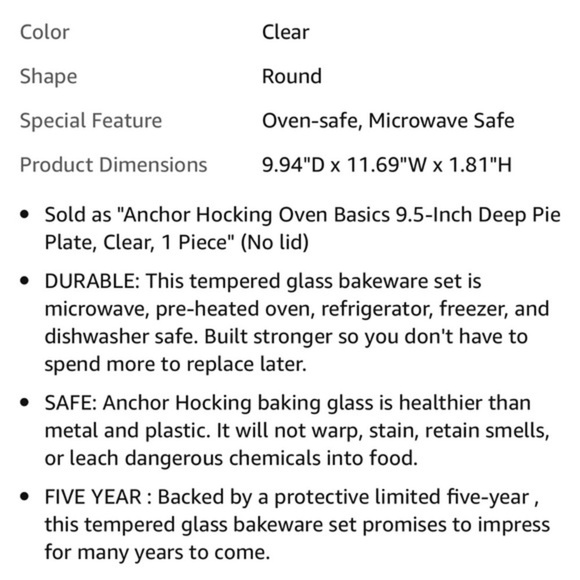 9.5” Glass Oven Pie Plate New - Picture 4 of 4
